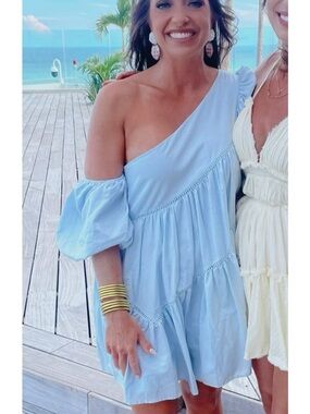 Showpo Pale Blue One-Shoulder Tiered Mini Dress